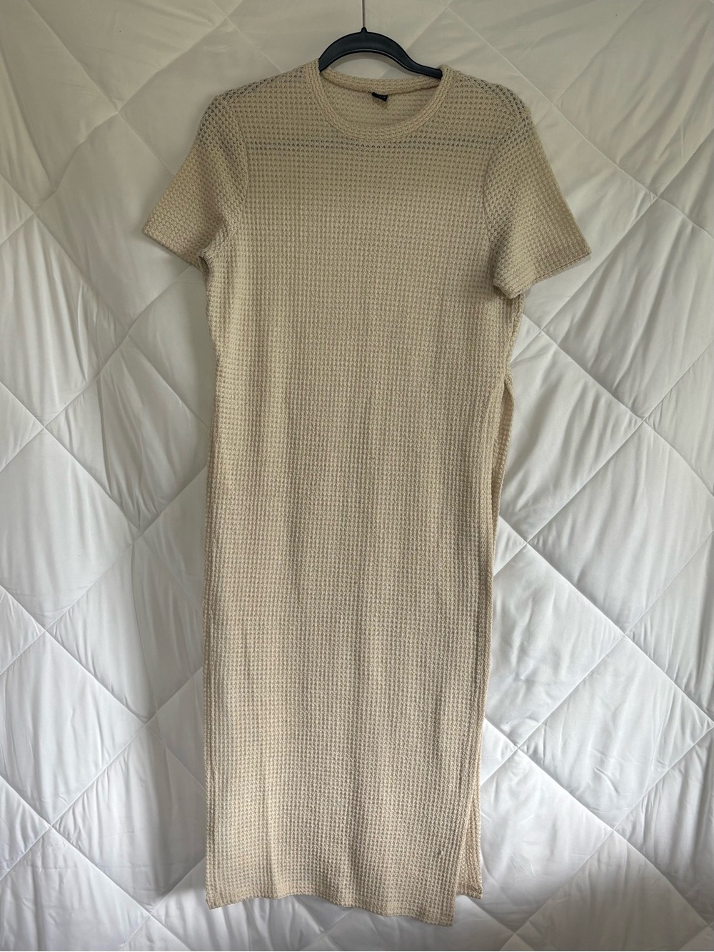 SHEIN Beige Waffle Knit Short Sleeve Midi Shirt. Slit on both sides